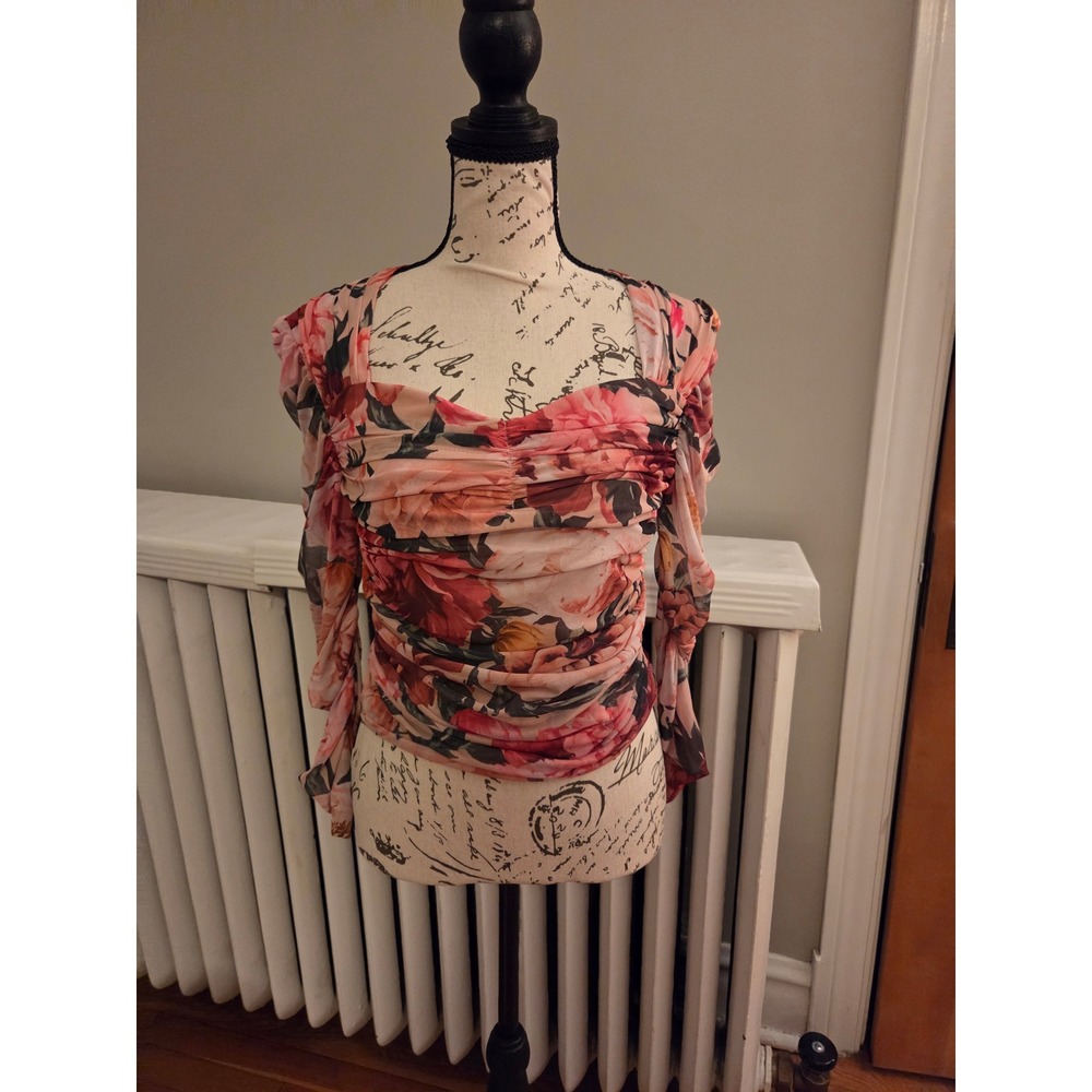 Express Bodycon Floral Ruched Mesh Sweetheart Neck Long Sleeve Top Pink Sz M - Picture 7 of 13
